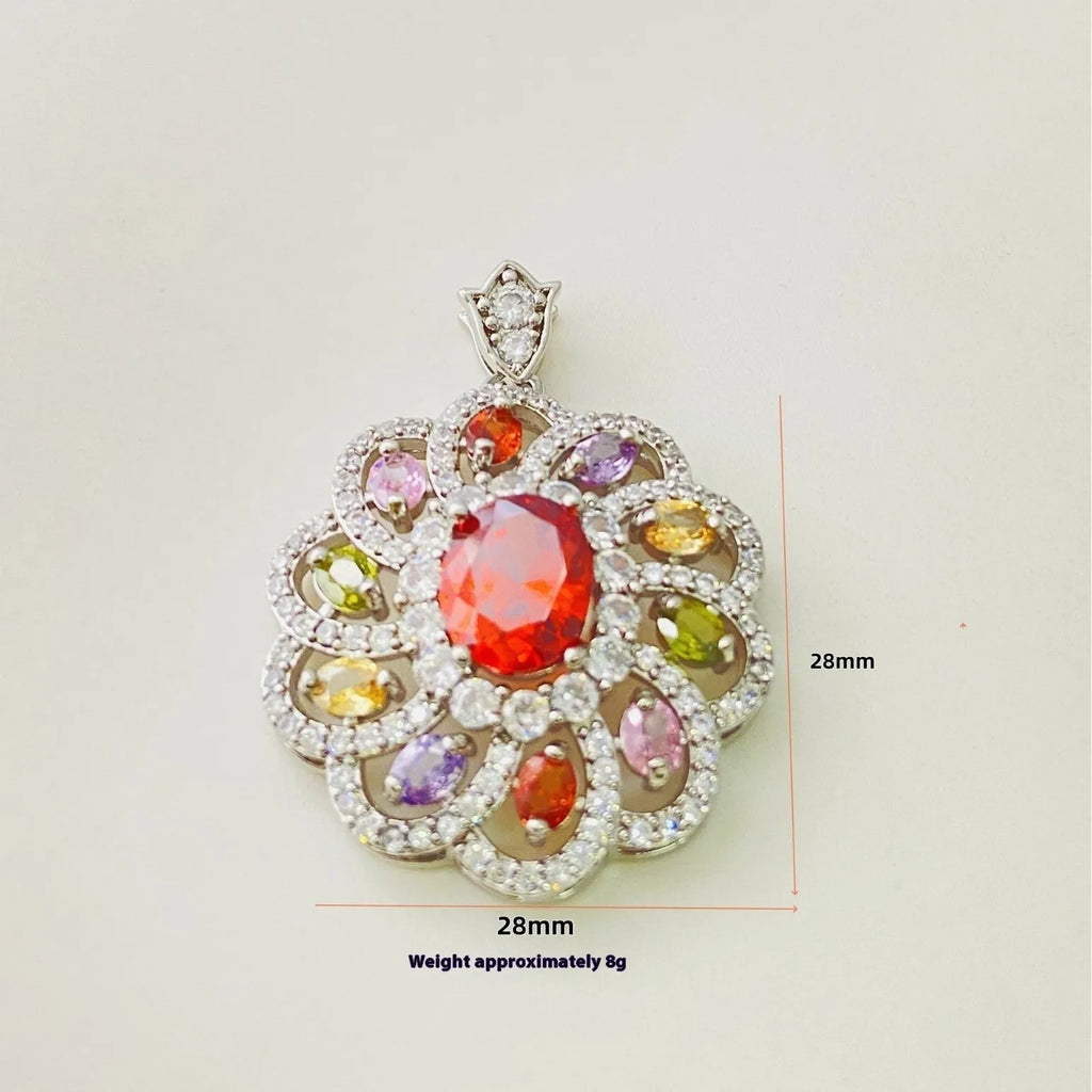 Close-up of a women's colourful zircon flower pendant necklace with a gold electroplated finish on a model.