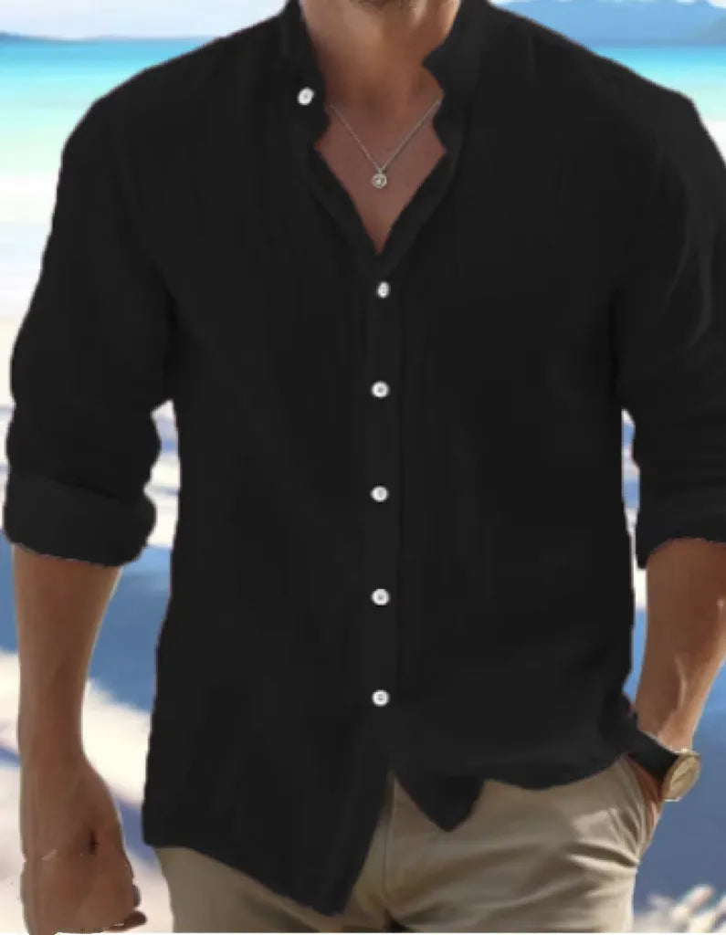 Men's casual button-up beach shirt in long-staple cotton shown in light blue colour.