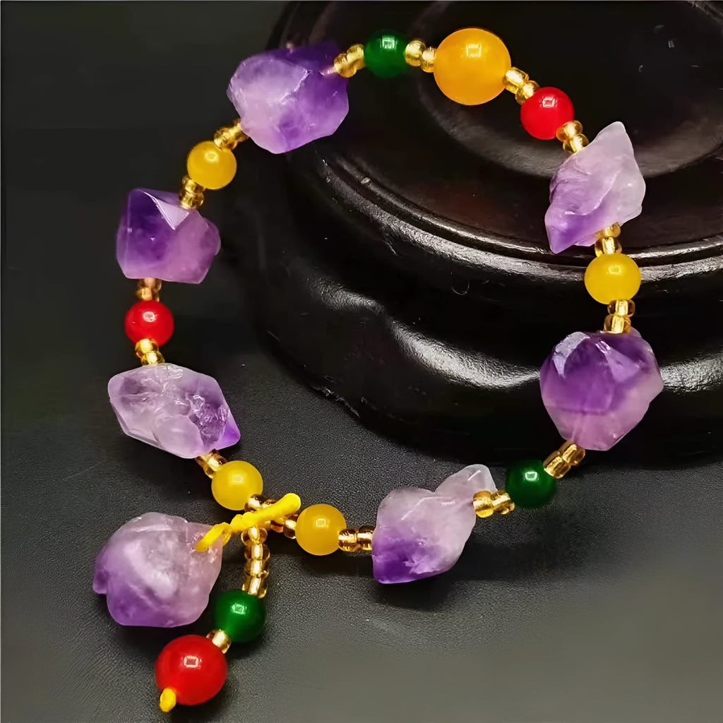Amethyst bracelet with natural shaped beads and fu character charm for women