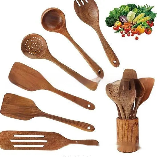 Seven-piece wooden kitchen utensil set with spoons and spatulas in natural finish