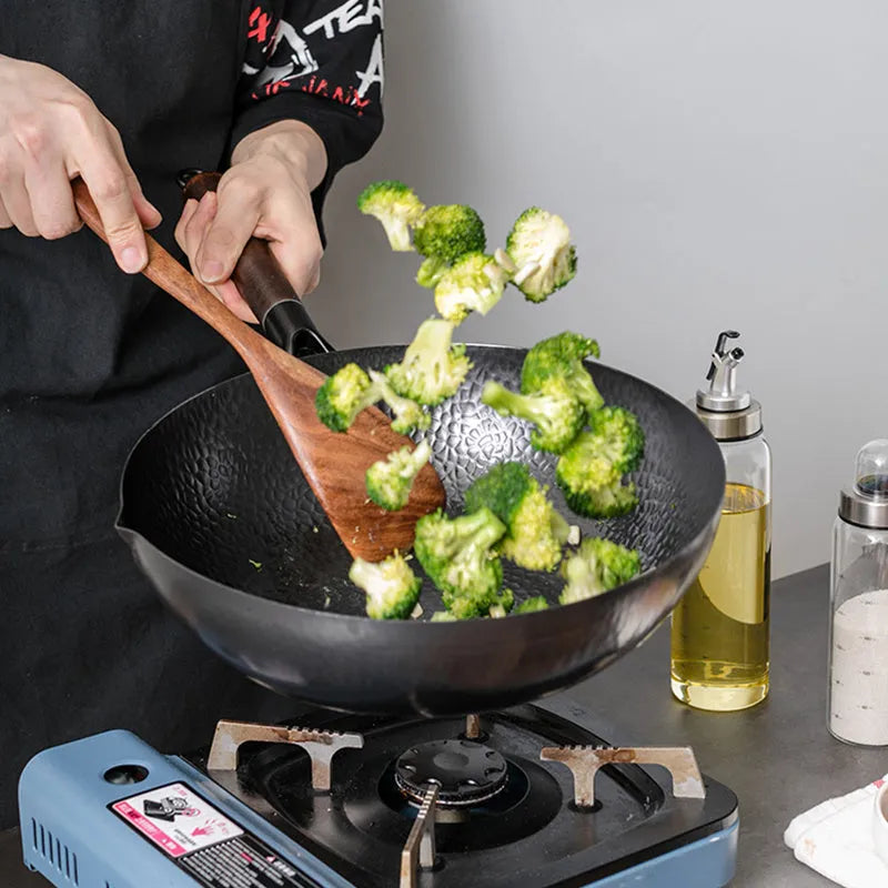 40cm traditional black iron wok with wooden handle and glass lid option