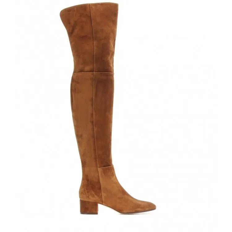 Women's grey suede over-the-knee flat boots with pointed toe and low block heel