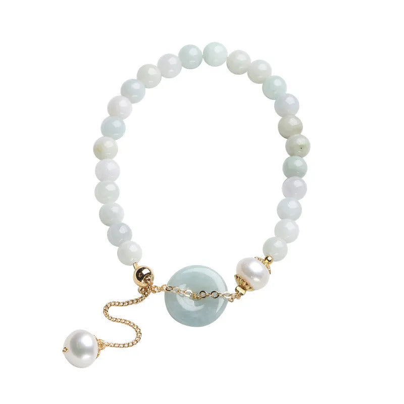 Natural emerald green jade peace buckle pearl bracelet for women with geometric design