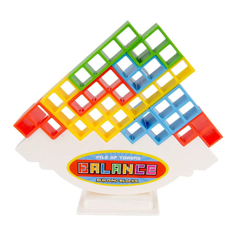 Plastic balance stacking game with 16 colourful building blocks on chassis