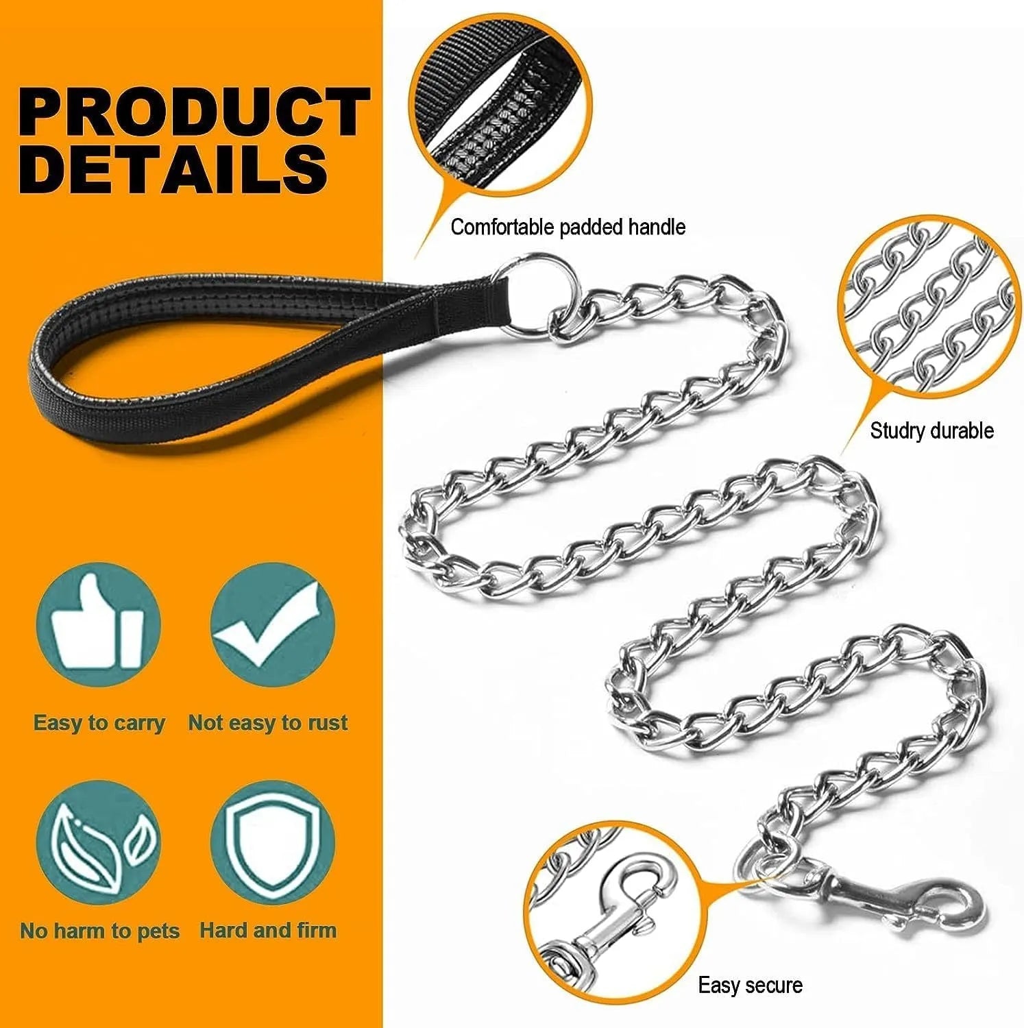 Heavy duty metal chain dog leash with a soft black padded handle, shown in red blue and black colours.