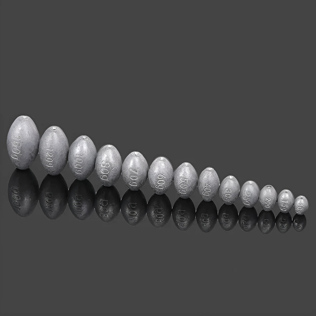 Tongxin rugby-shaped olive fishing pendant sinker with scale and plastic core in various weights.