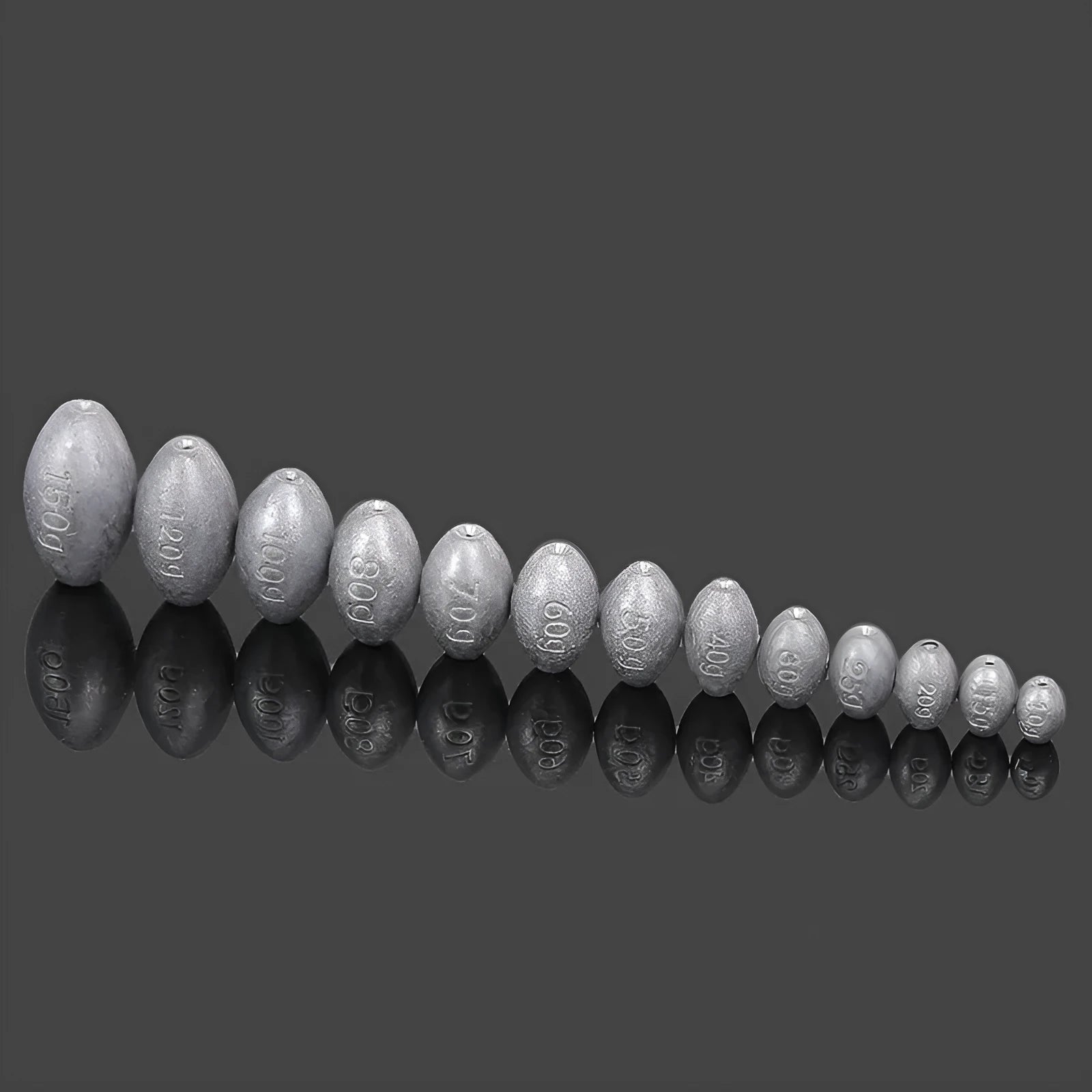 Tongxin rugby-shaped olive fishing pendant sinker with scale and plastic core in various weights.