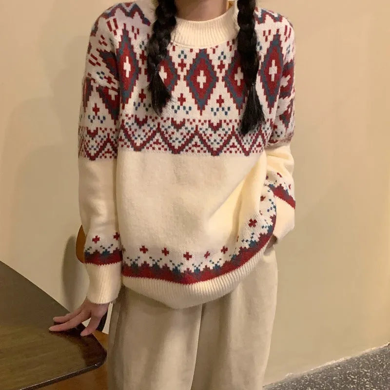 Loose retro pullover knitted top with stripe pattern in red colour