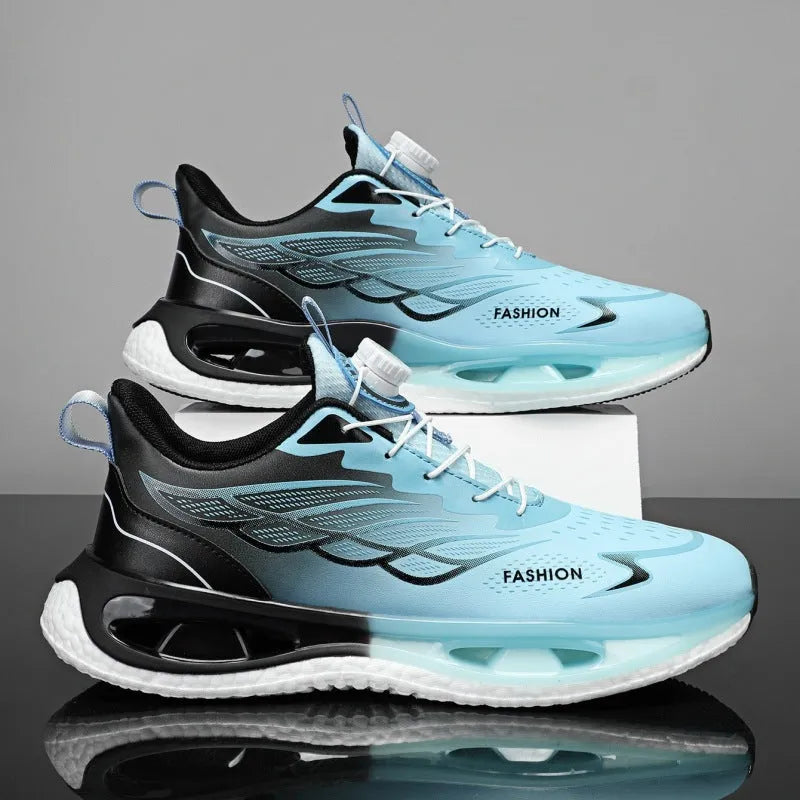 Low-top shock absorption rotating button sneaker in light blue mesh with a rubber sole.