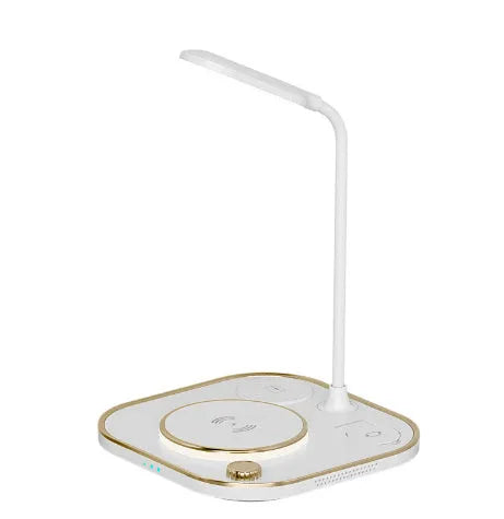 Alpharan three-in-one wireless magnetic charger desk lamp with 15W fast charging in black, showing a phone on the charging base and the lamp on