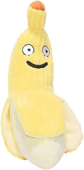 Yellow banana-shaped cat crinkle toy with plush fabric on a plain background.