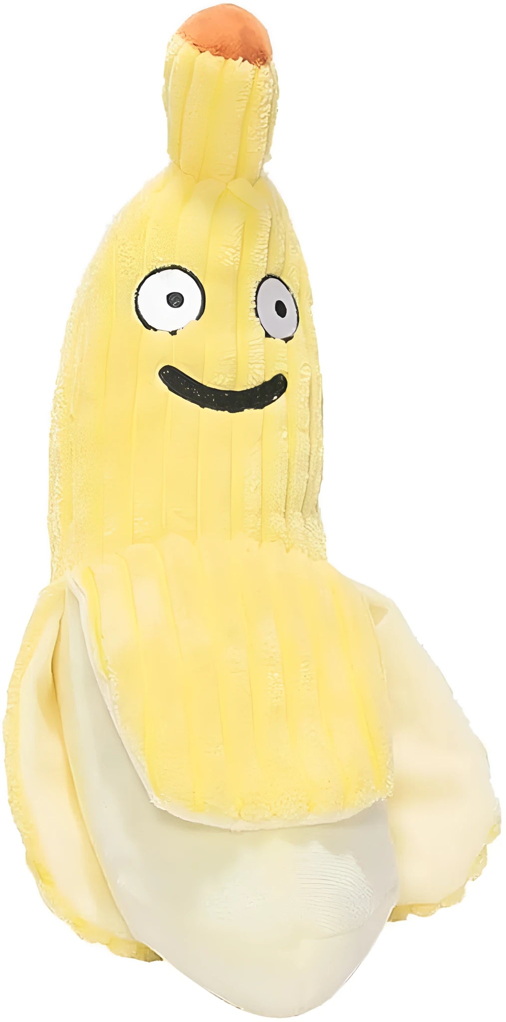 Yellow banana-shaped cat crinkle toy with plush fabric on a plain background.