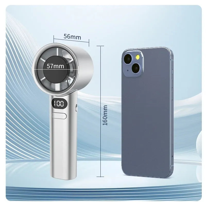 USB-powered handheld fan with variable speed control showing green colour option