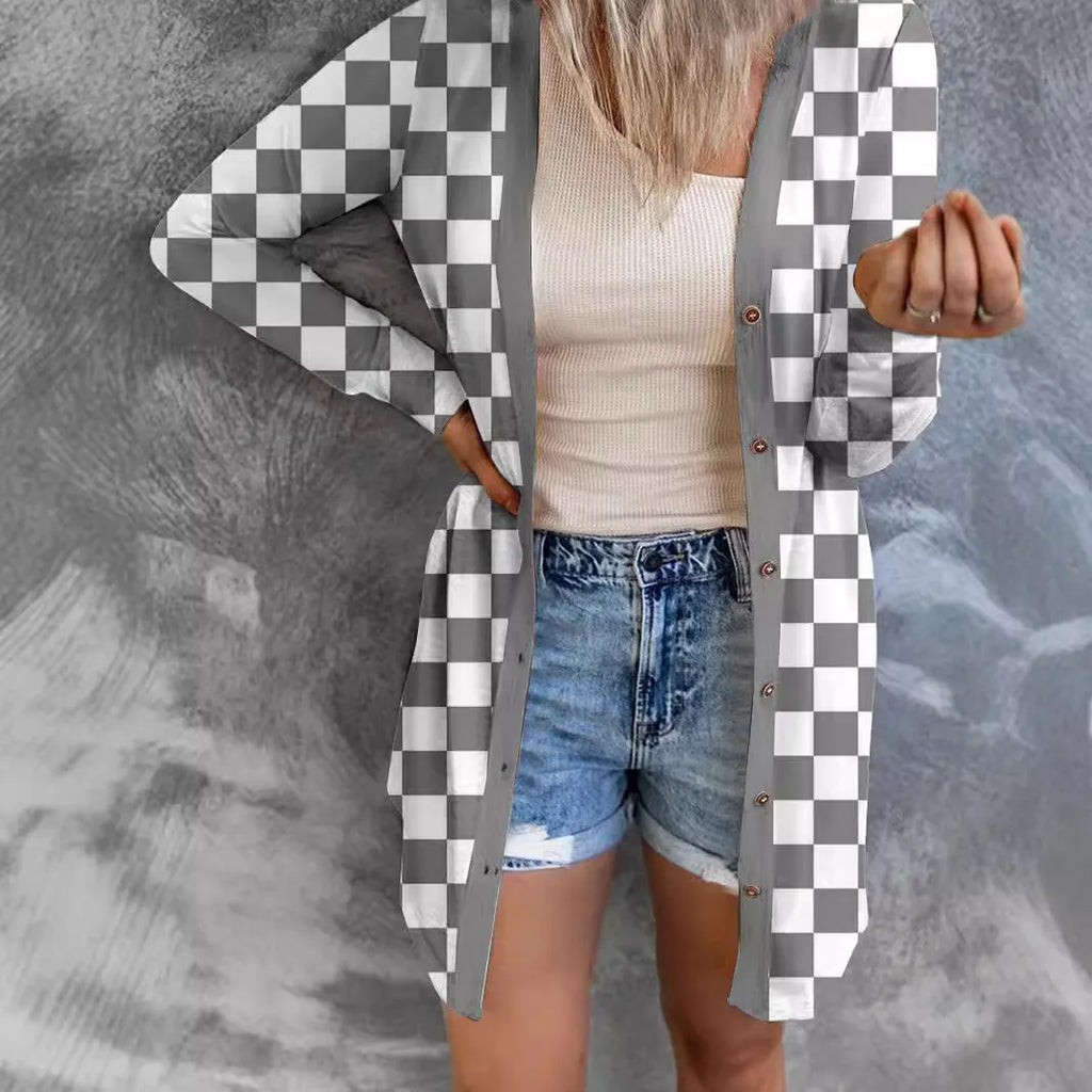 Women's long grey plaid knitted cardigan coat with loose fit and regular sleeves on a model.