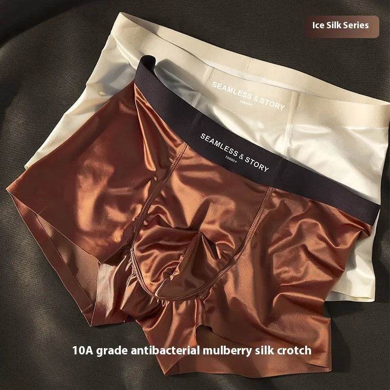 Satin finish ice silk men's underwear in mid waist design showing traceless construction and colour options