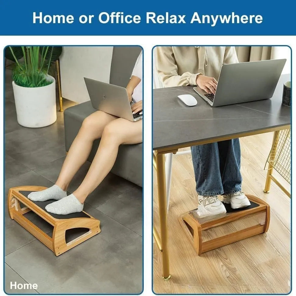 Natural wood colour adjustable bamboo office desk footstool showing height adjustment mechanism