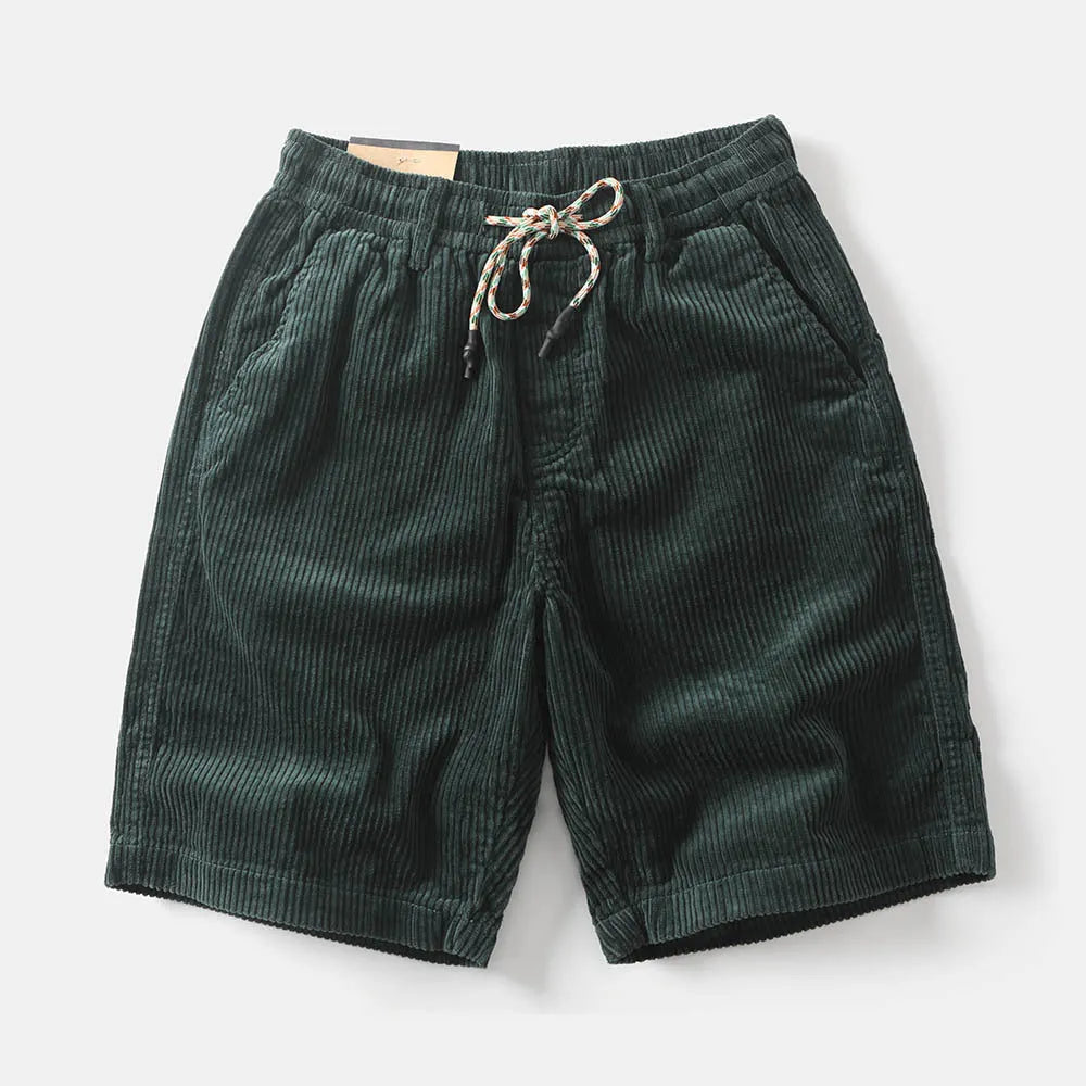 Men's khaki retro cargo shorts with multiple pockets on a straight-leg fit.
