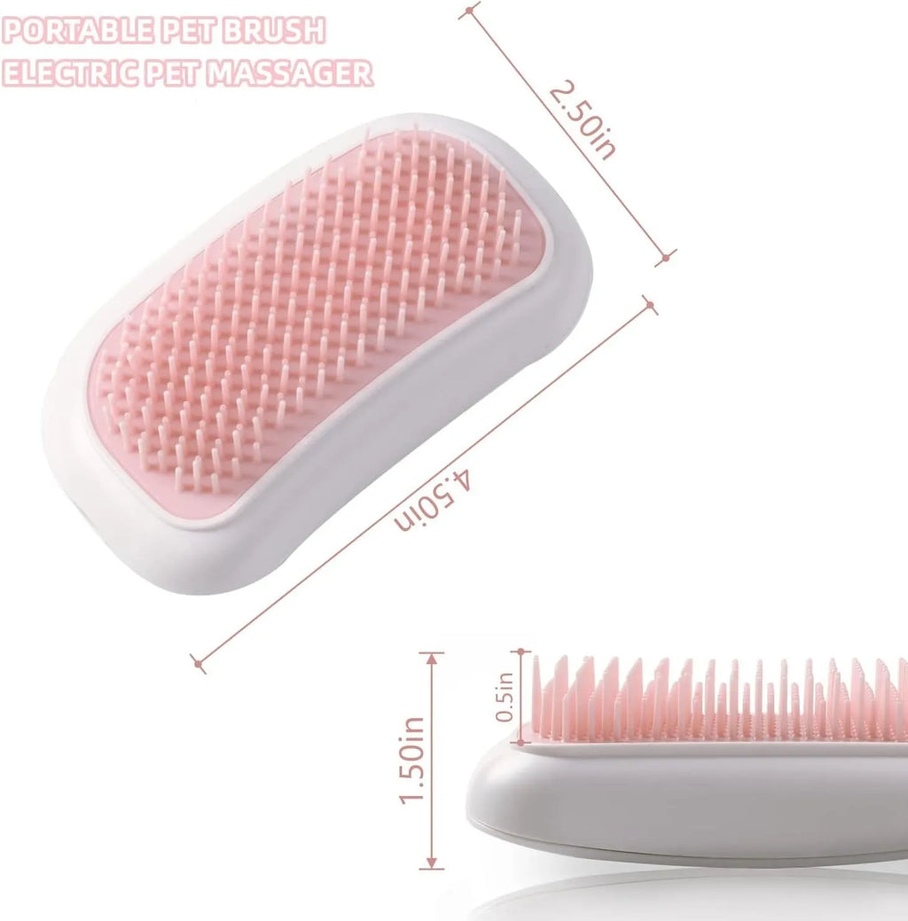 Pink handheld electric pet grooming brush with TPE comb teeth on a white background