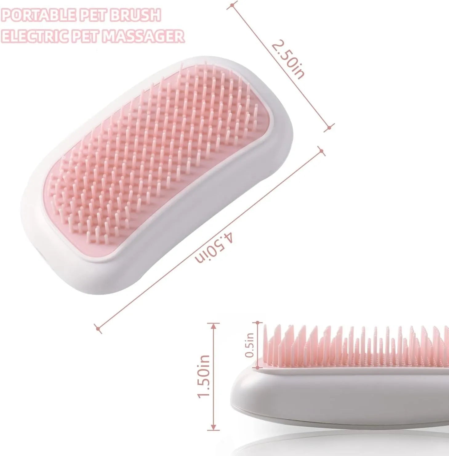 Pink handheld electric pet grooming brush with TPE comb teeth on a white background