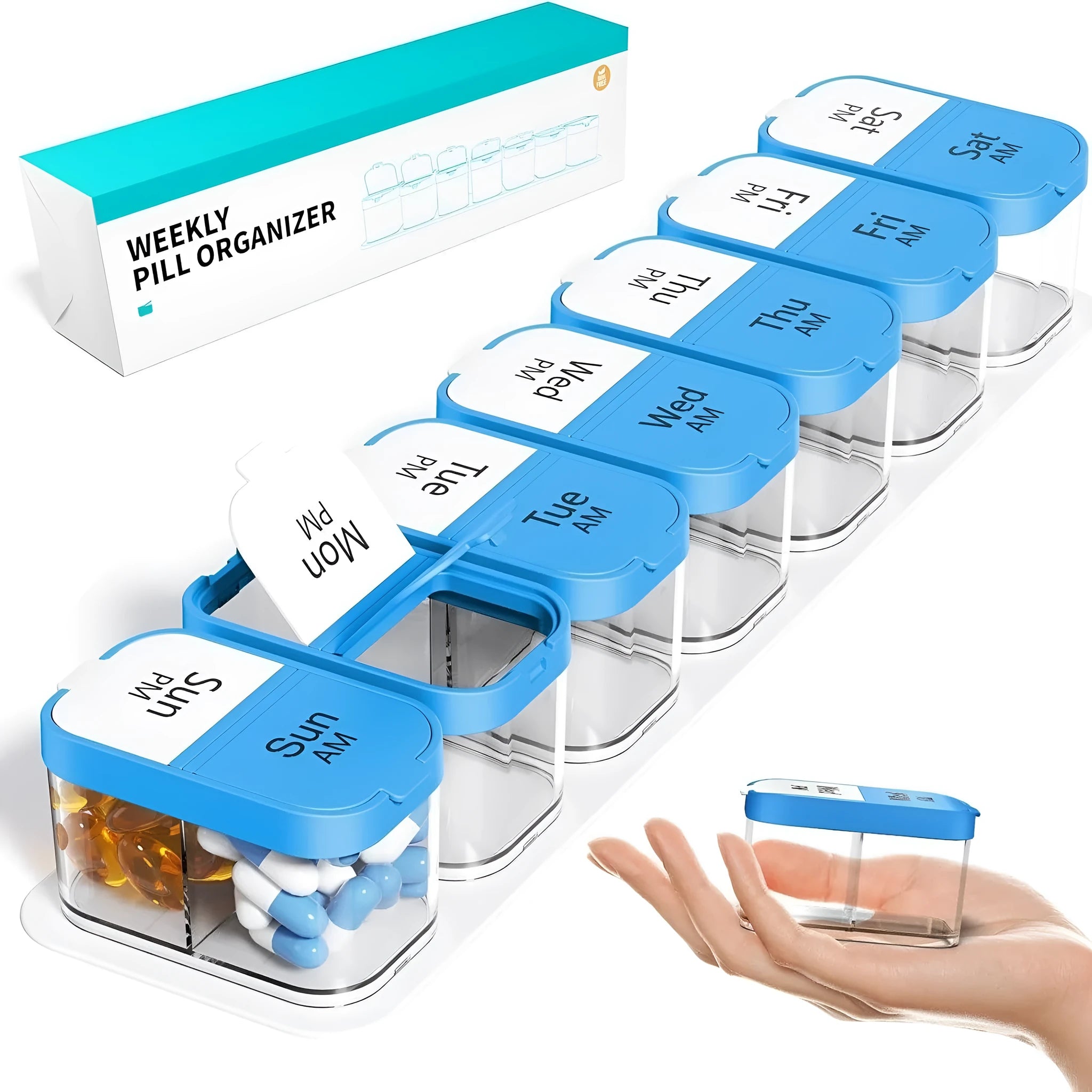 Extra large white portable pill box with 14 removable compartments for medication organisation