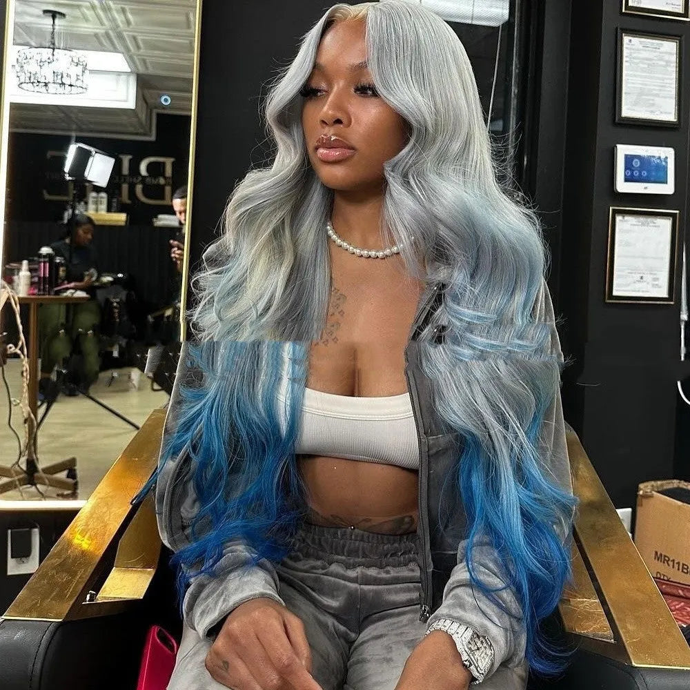 Grey-blue gradient human hair wig with lace frontal shown at medium length