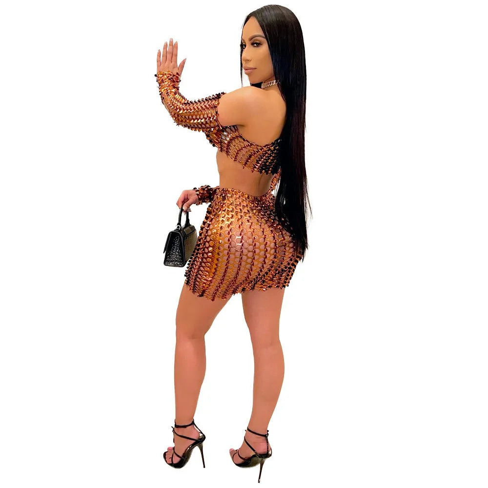 Women's black hollow-out net two-piece dress set with sleeveless top and matching short skirt