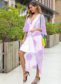 Light purple beach cover-up dress with lace embroidery detail, shown as swimsuit blouse or cardigan