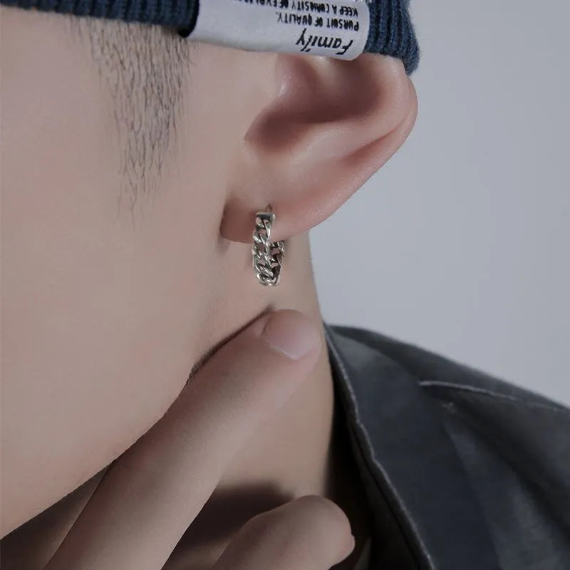 Men's silver geometric copper earrings showing 10mm and 14mm size options with auspicious cloud design