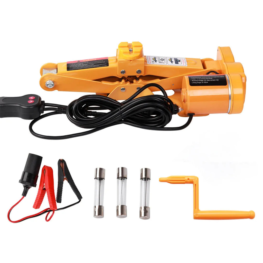Electric hydraulic vehicle jack kit with 2-tonne capacity on a grey background