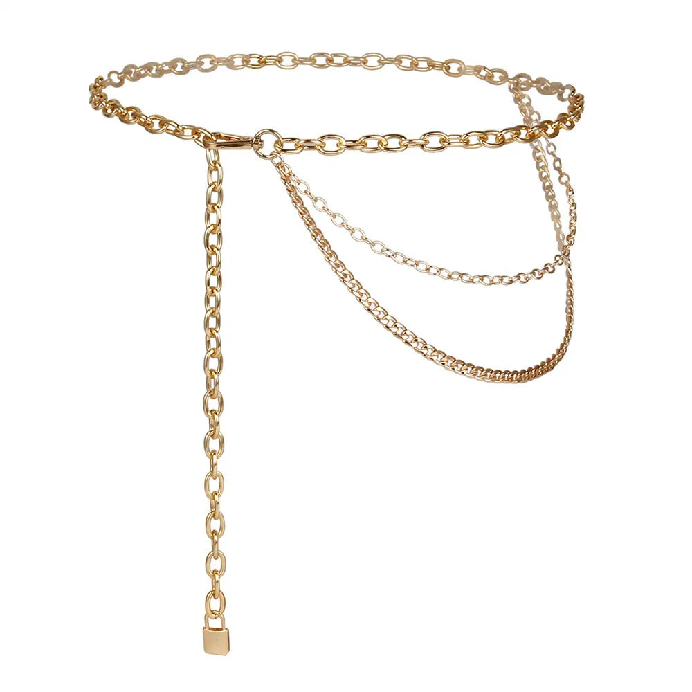Multilayer alloy waist chain in golden and silver colours with electroplated finish, 70-100 cm adjustable