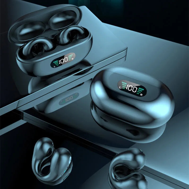 Q80 bone conduction Bluetooth clip headset in black, white, or khaki colour with ear clip design.