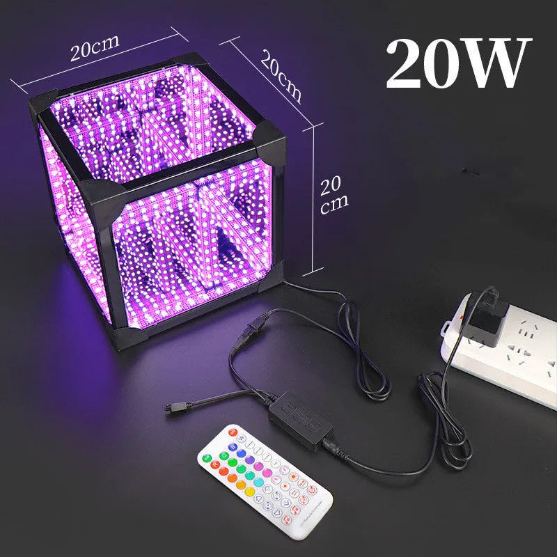 Thousand Mirrors 3D magic cube RGB LED lamp in black finish with remote control on desk