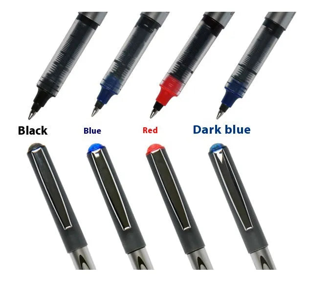 Water-based quick-drying signature pen with 0.5mm fine tip, plastic shell, shown in black, blue, ink blue, and red ink options