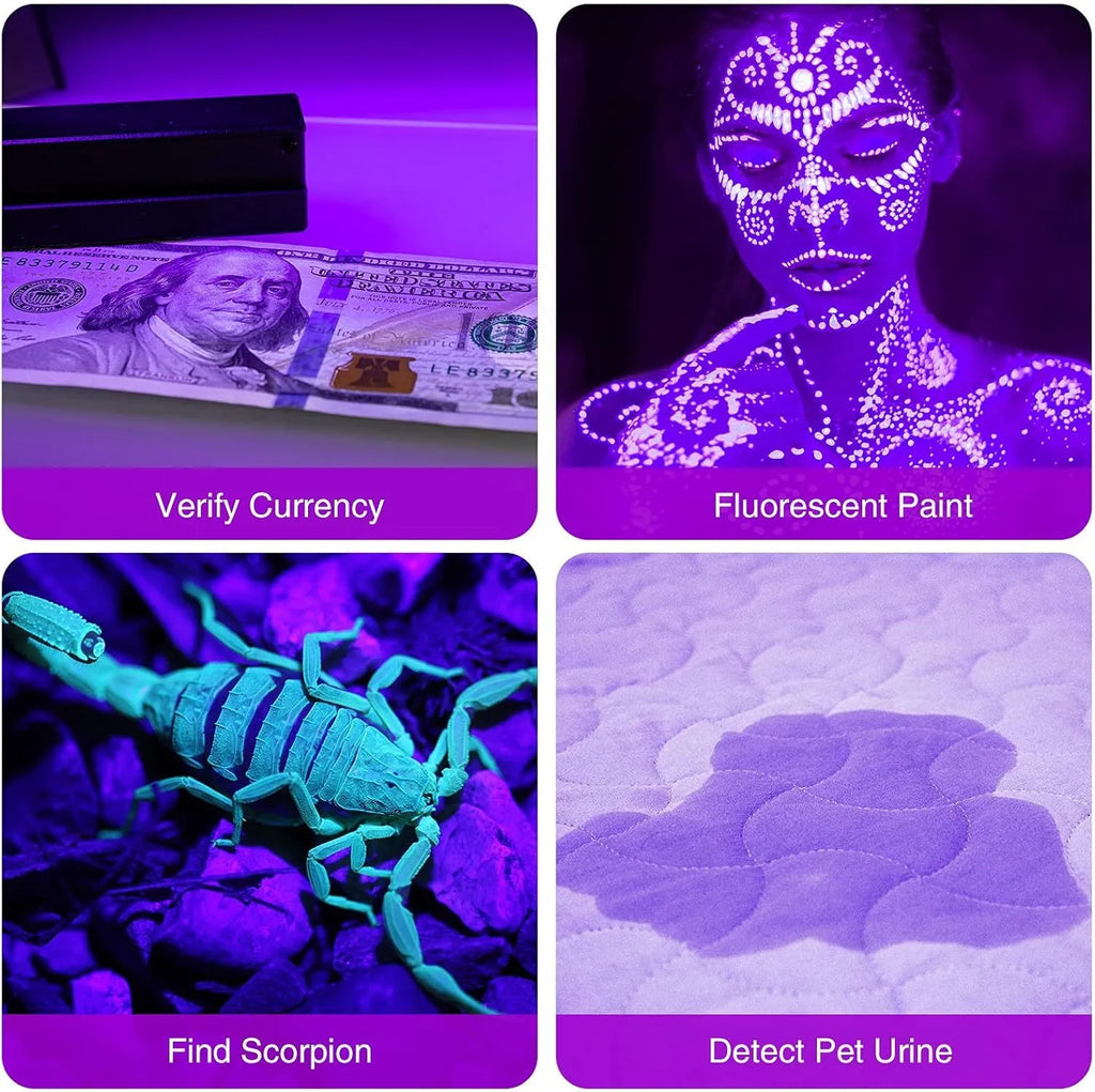 Black aluminium UV flashlight with purple LED for detecting stains and pests.