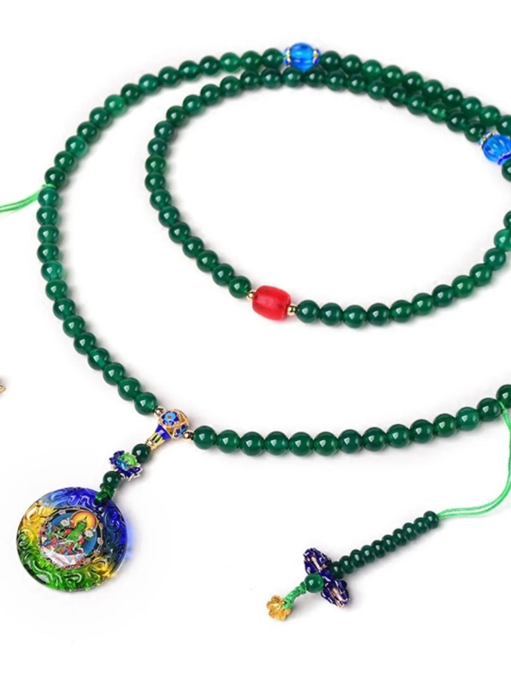 Handmade natural green agate Thangka pendant multi-circle bracelet on wrist.