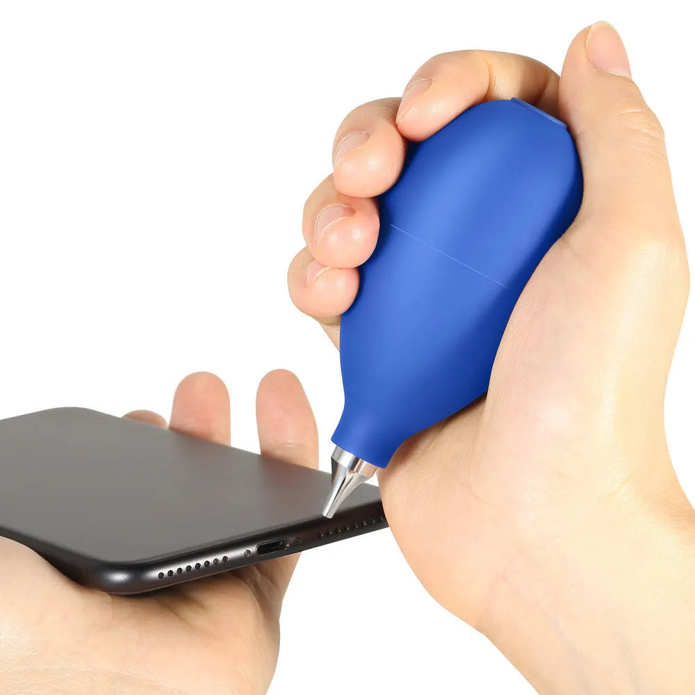 Blue and black rubber dust removal blower tool for cleaning cameras and phones