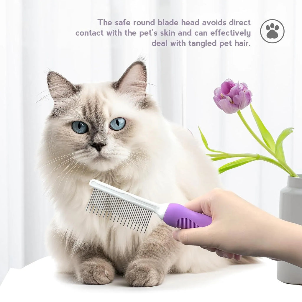 Purple pet grooming comb with stainless steel long and short teeth for detangling dog and cat fur