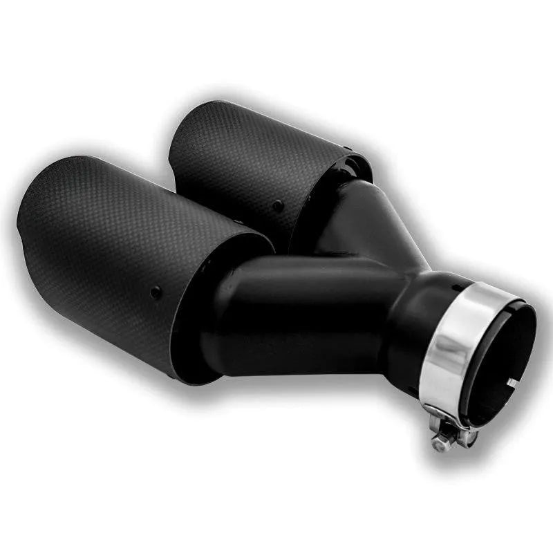 Black carbon fibre car exhaust pipe with double outlet tail nozzle, 250mm dimension