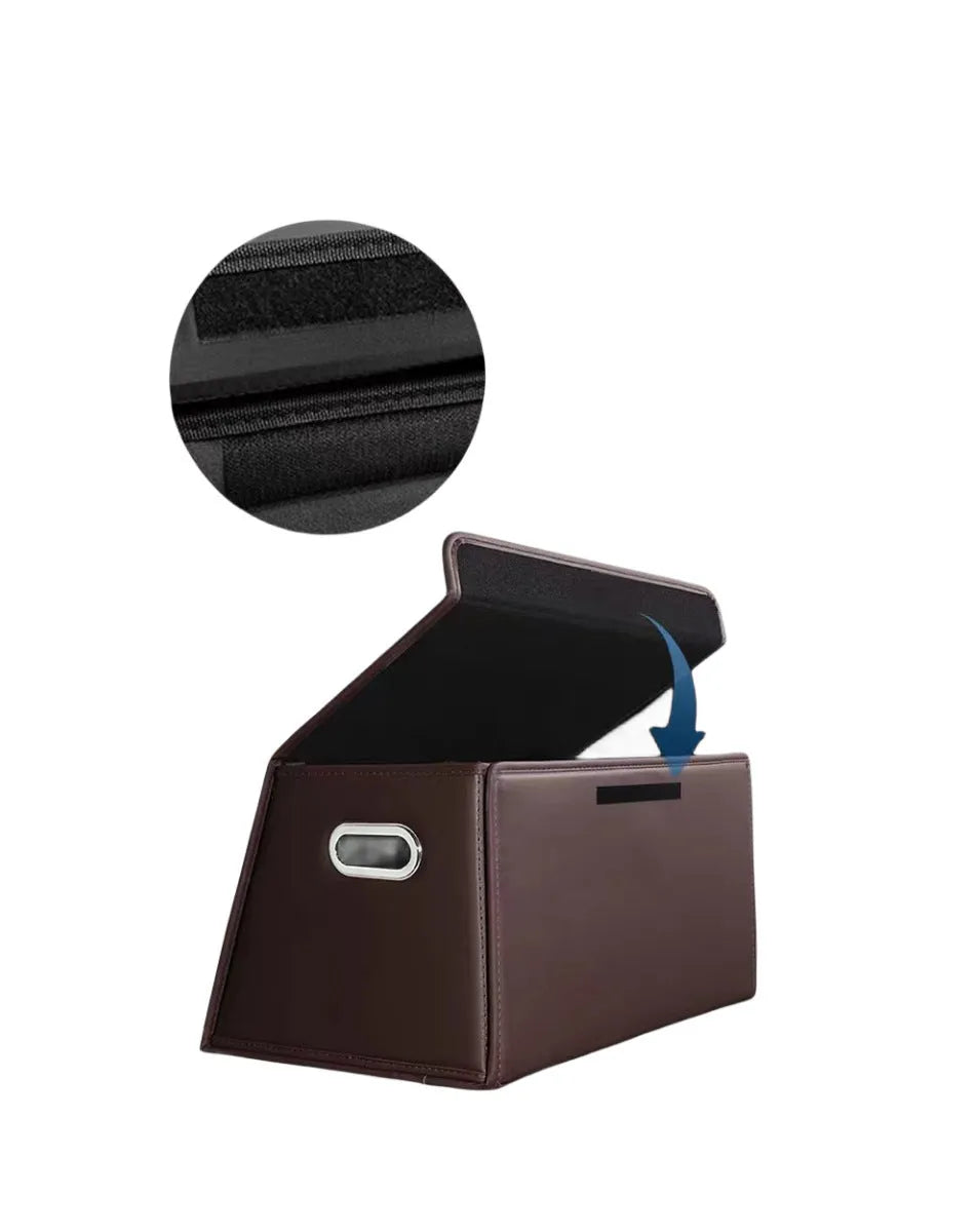 Folding car trunk storage organiser in waterproof leather, available in black, brown, and wine red colours with medium and small size options.