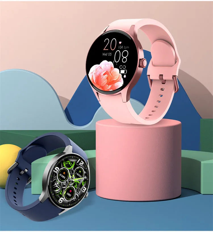 Black unisex smartwatch with a round 1.43-inch screen on a wrist, showing a fitness tracker display.