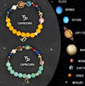 Natural stone zodiac sign bracelet set showing two adjustable leather cord bracelets with constellation charms