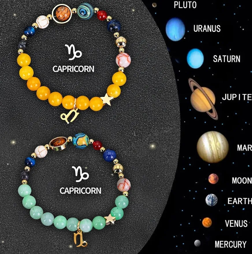 Natural stone zodiac sign bracelet set showing two adjustable leather cord bracelets with constellation charms