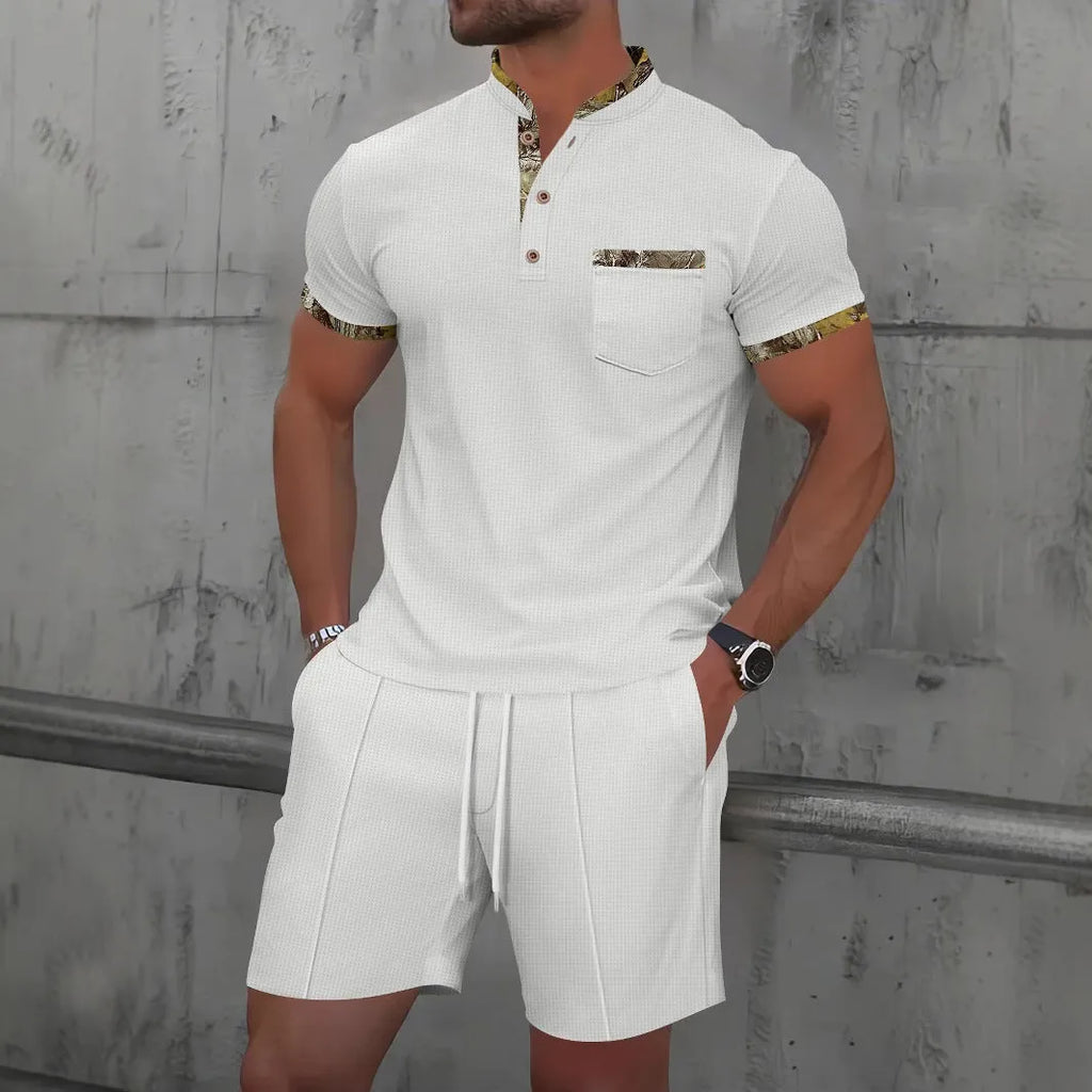 Men's waffle texture zipper polo collar short sleeve suit with matching solid colour shorts