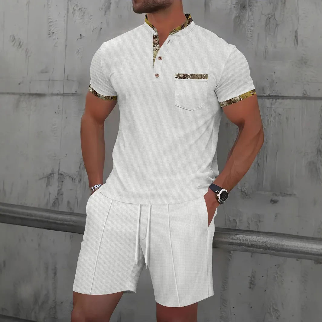 Men's waffle texture zipper polo collar short sleeve suit with matching solid colour shorts