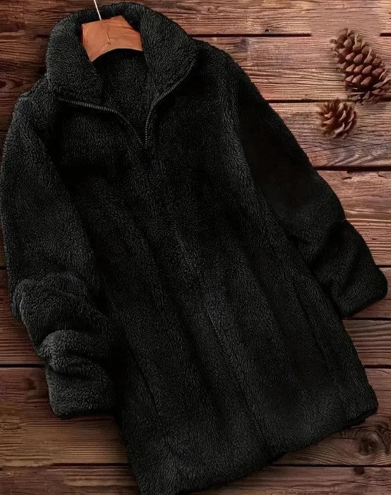 Double-sided velvet fleece coat in black, navy blue and khaki colour options showing soft texture and practical outdoor design
