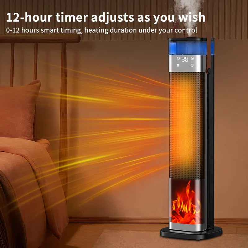 Intelligent vertical heater with humidification and voice control, measuring 16x16x52.6cm