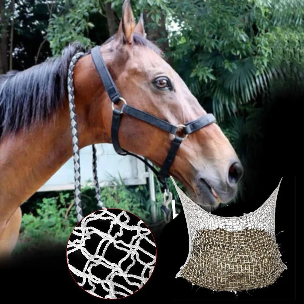 Woven polyethylene rope grid horse feeding bag hanging with black colour option