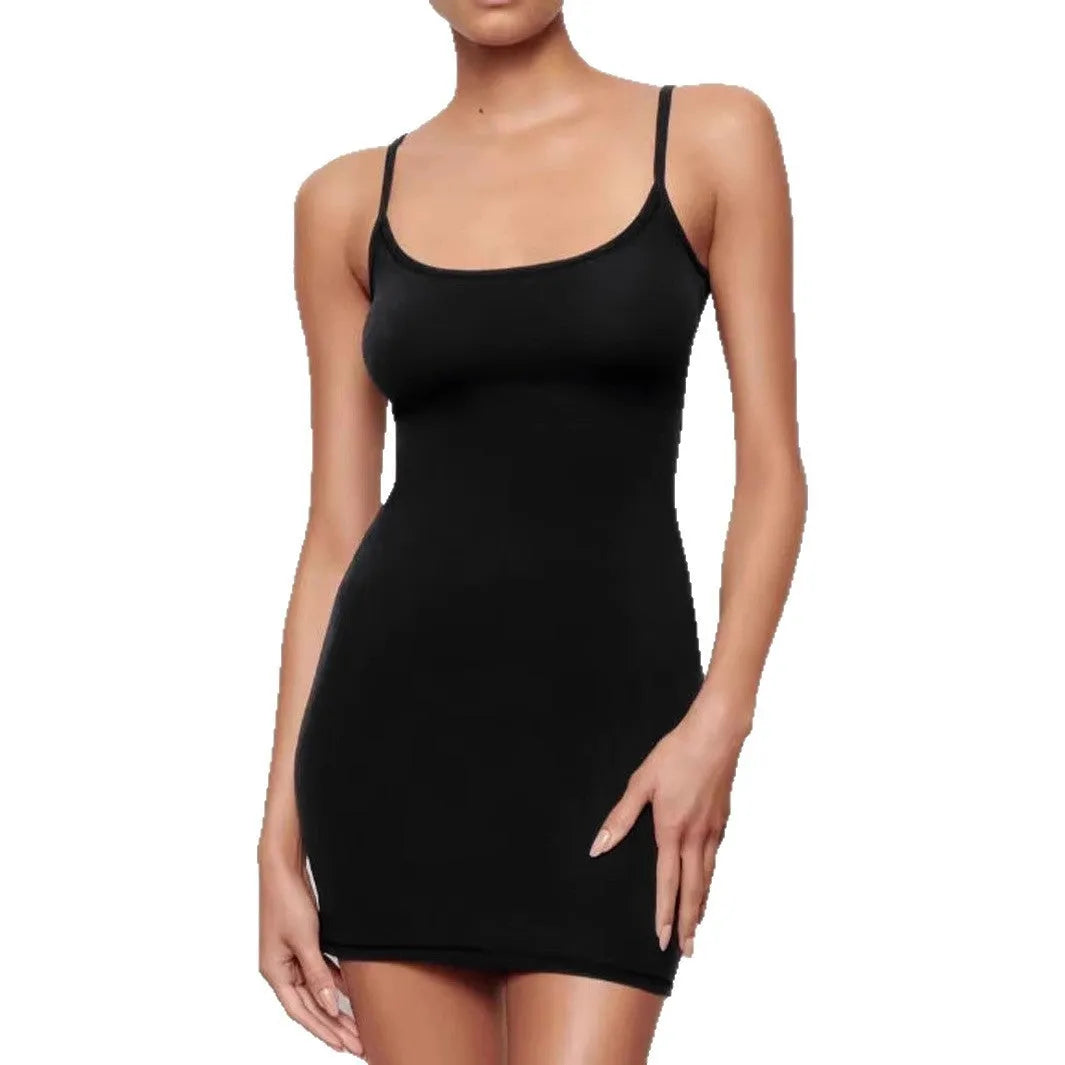 Black slim-fit sheath dress with sling straps and sleeveless design