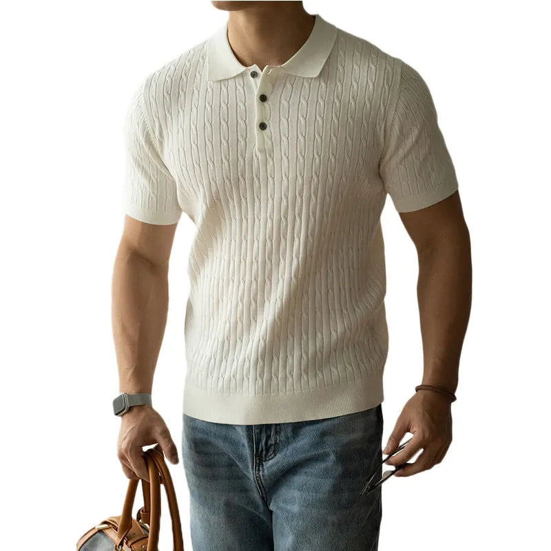 Men's business casual short sleeve top in khaki, black or white colours with Asian sizing information