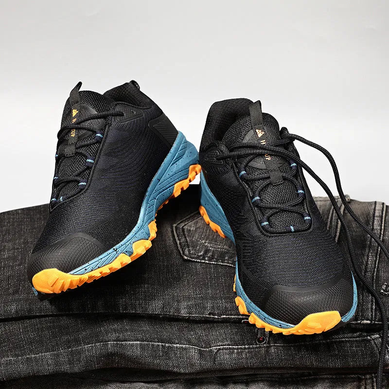Men's black outdoor hiking shoes with rugged outsole for off-road trails, plus size fit